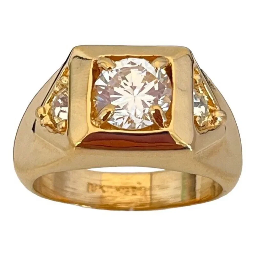 Vintage 1970s Ring Size 13 CZ Square Prong Set Gold Plated Band - 14O